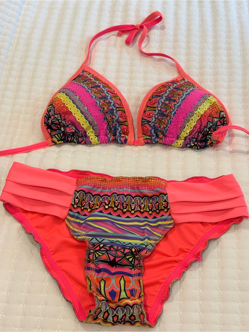 Made in Colombia. Neon Pink Multicolor Patterned Bikini Set